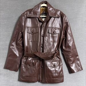 Vintage Craig Noble Coat 44 Brown PVC Belted‎ Faux Fur Lined Overcoat Disco 70s